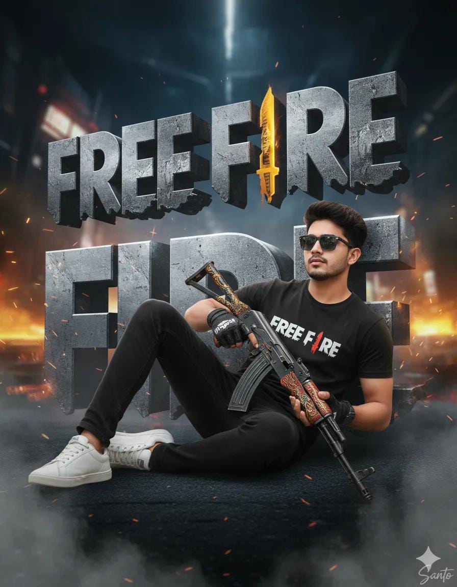 Confident gamer wearing Free Fire shirt and sunglasses, seated with a gun in a dramatic, gaming-inspired background.