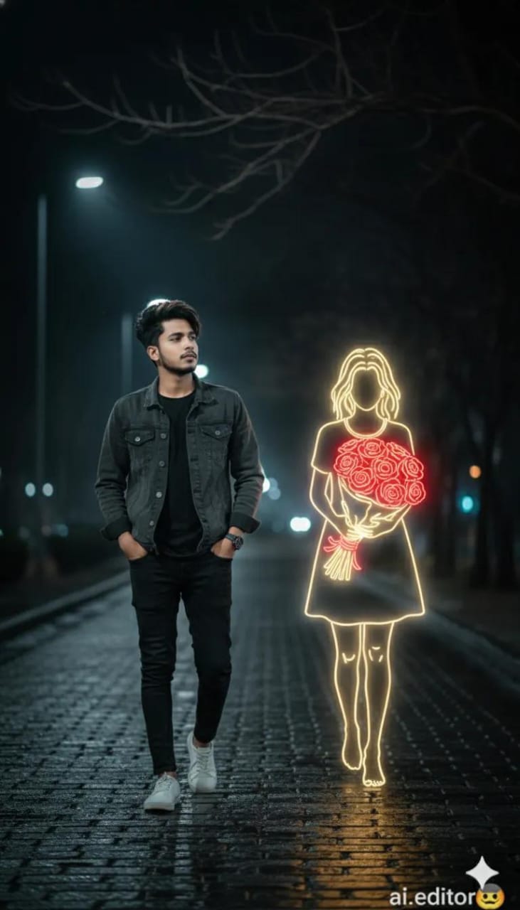 A young man walking on a dark city street beside a glowing neon outline of a girl holding roses, evoking themes of love and longing.
