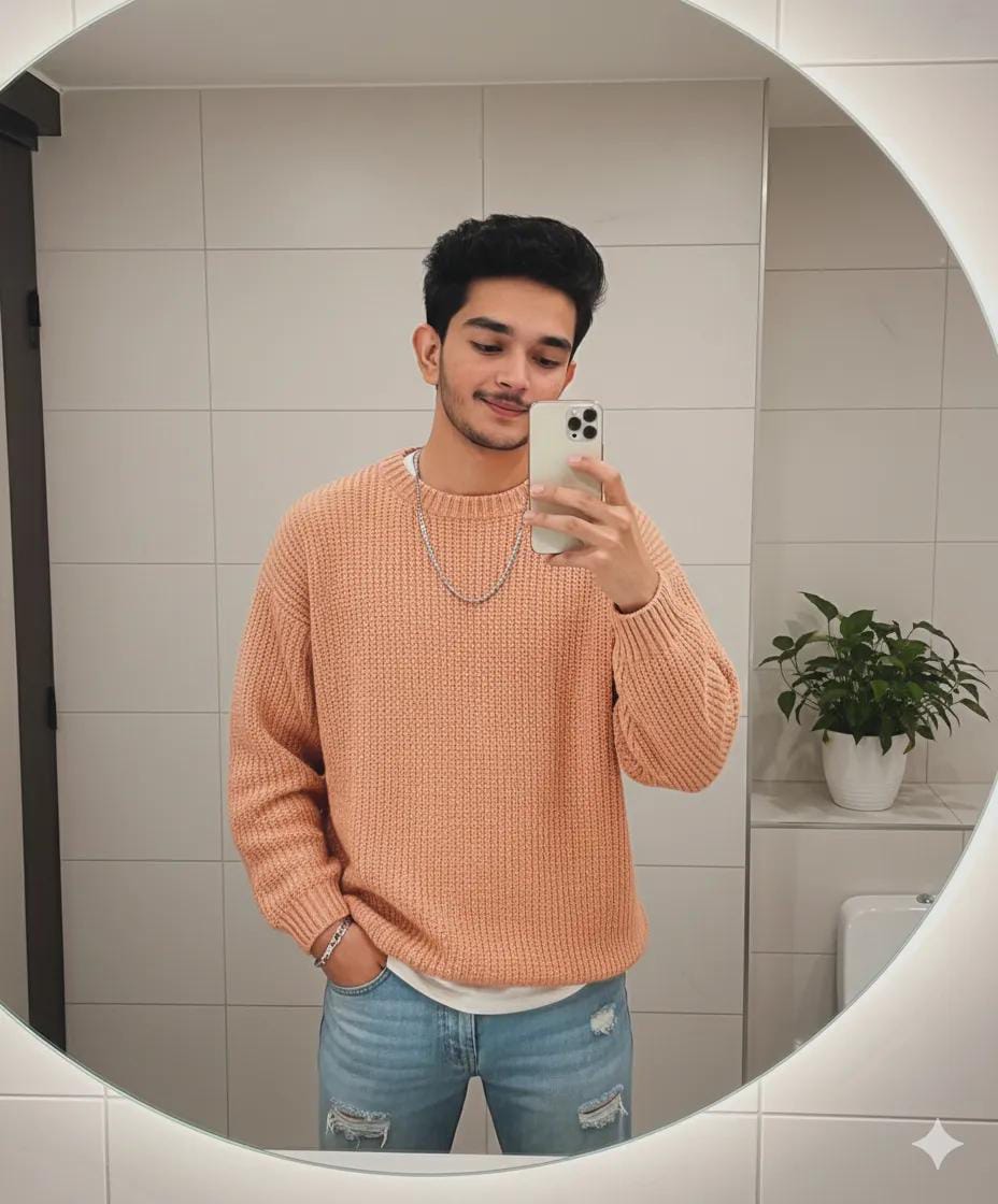 Man in peach sweater and blue ripped jeans posing for a mirror selfie in a modern tiled bathroom.
