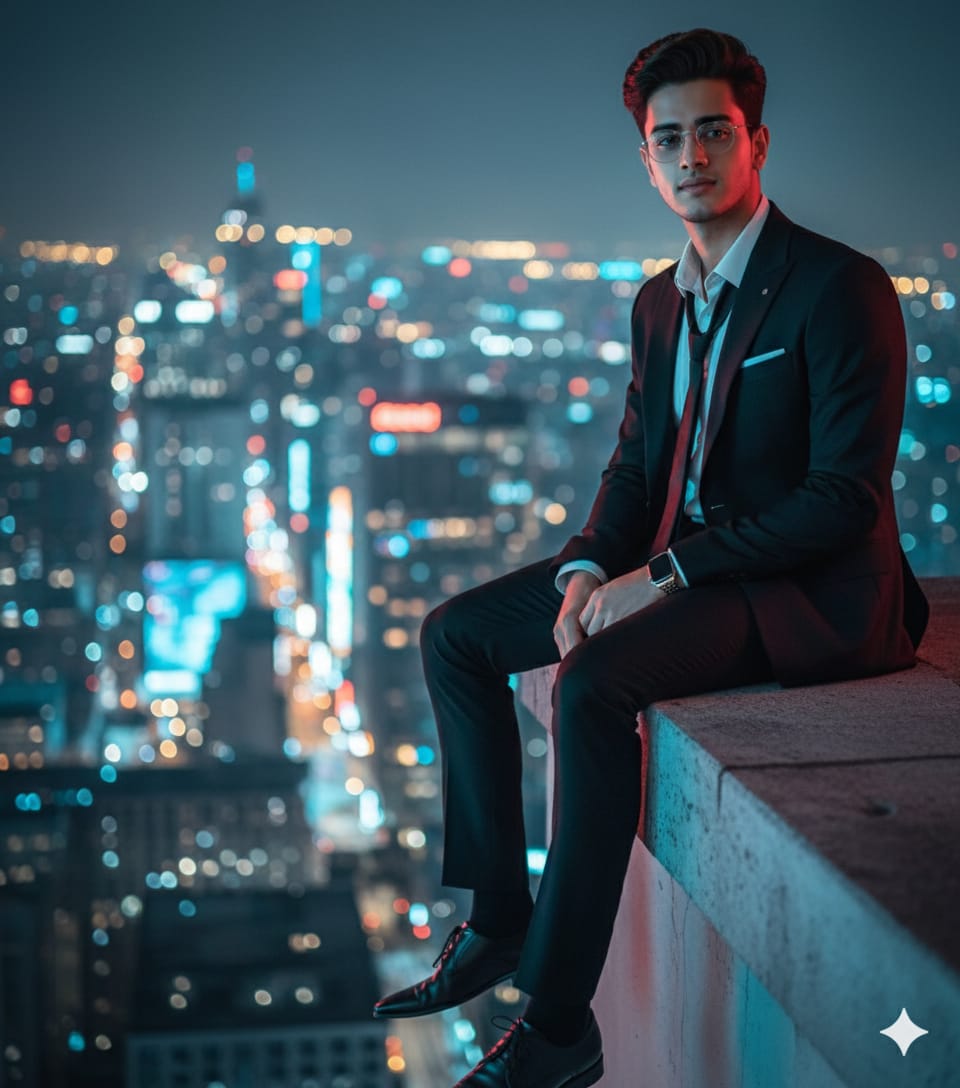 A man in a suit seated on the edge of a city rooftop at night, with a vibrant urban skyline background.