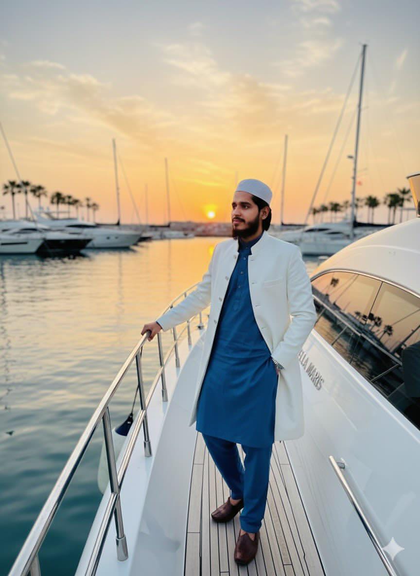 A fashionable man in a blue kurta and white long coat posing on a yacht at sunset, perfect for ethnic menswear inspiration.