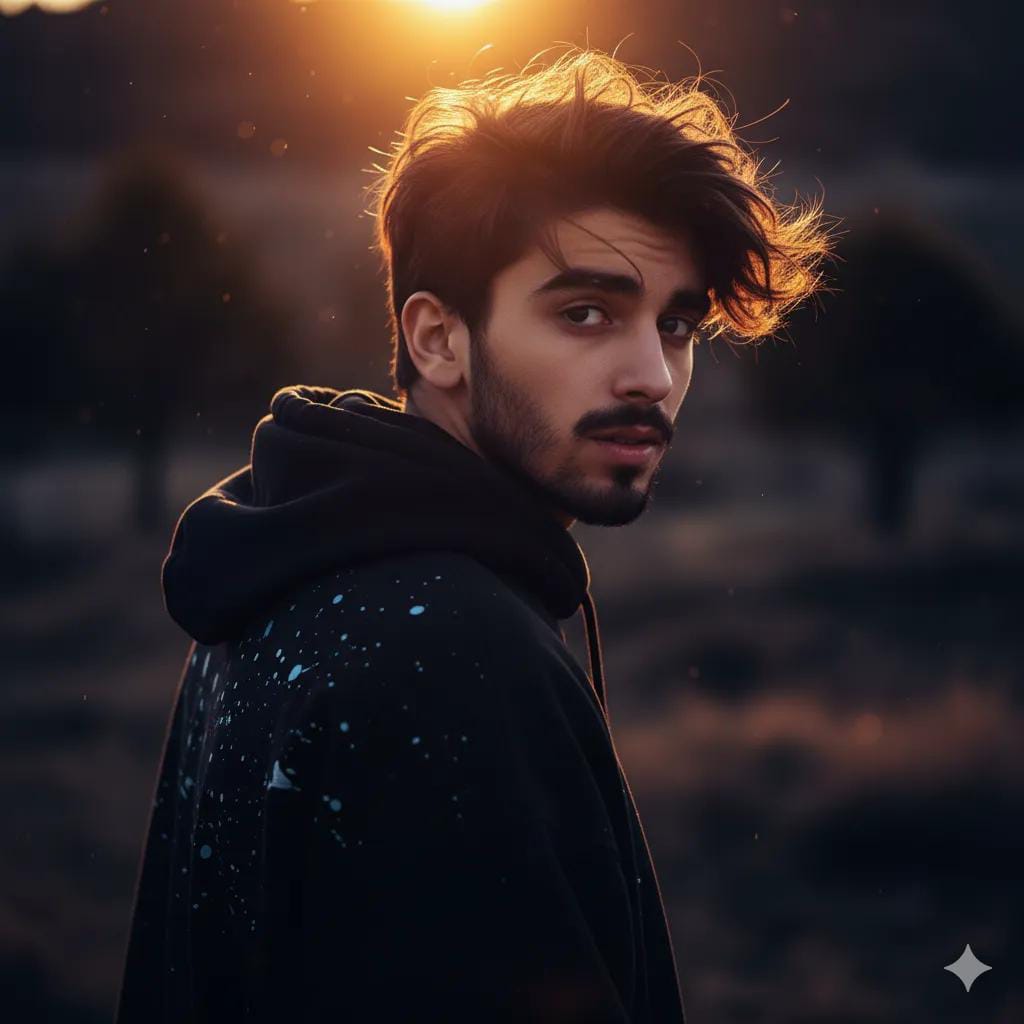 Artistic outdoor side profile portrait of a young man in hoodie with sunlit hair at golden hour.