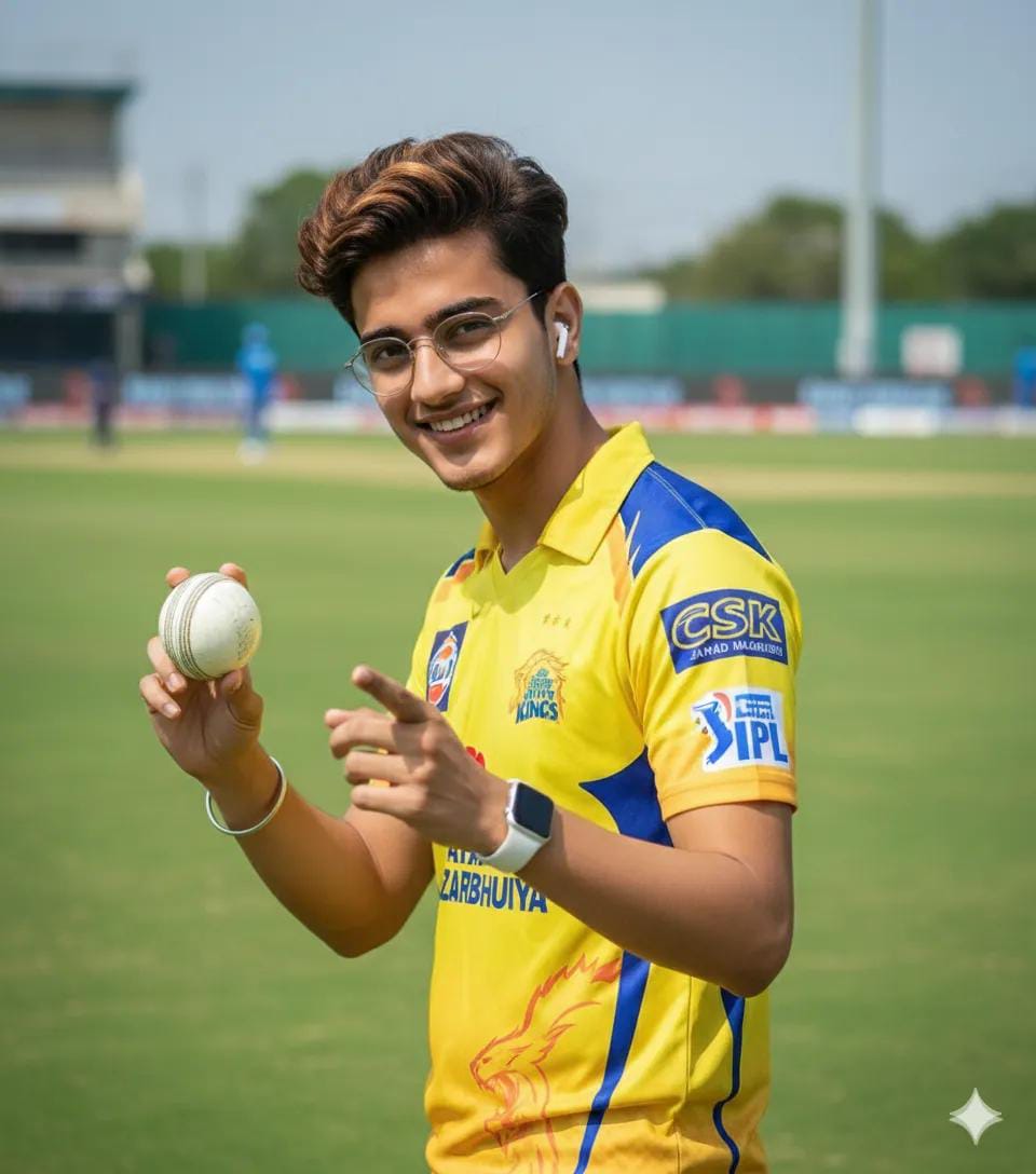 A young cricketer in a yellow CSK IPL jersey holding a cricket ball on the field, ready for sports action.