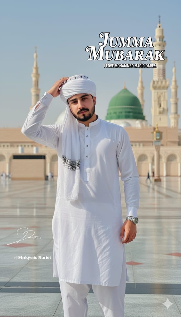 A man in white kurta and turban stands in front of the Green Dome, conveying peaceful Jumma Mubarak wishes.