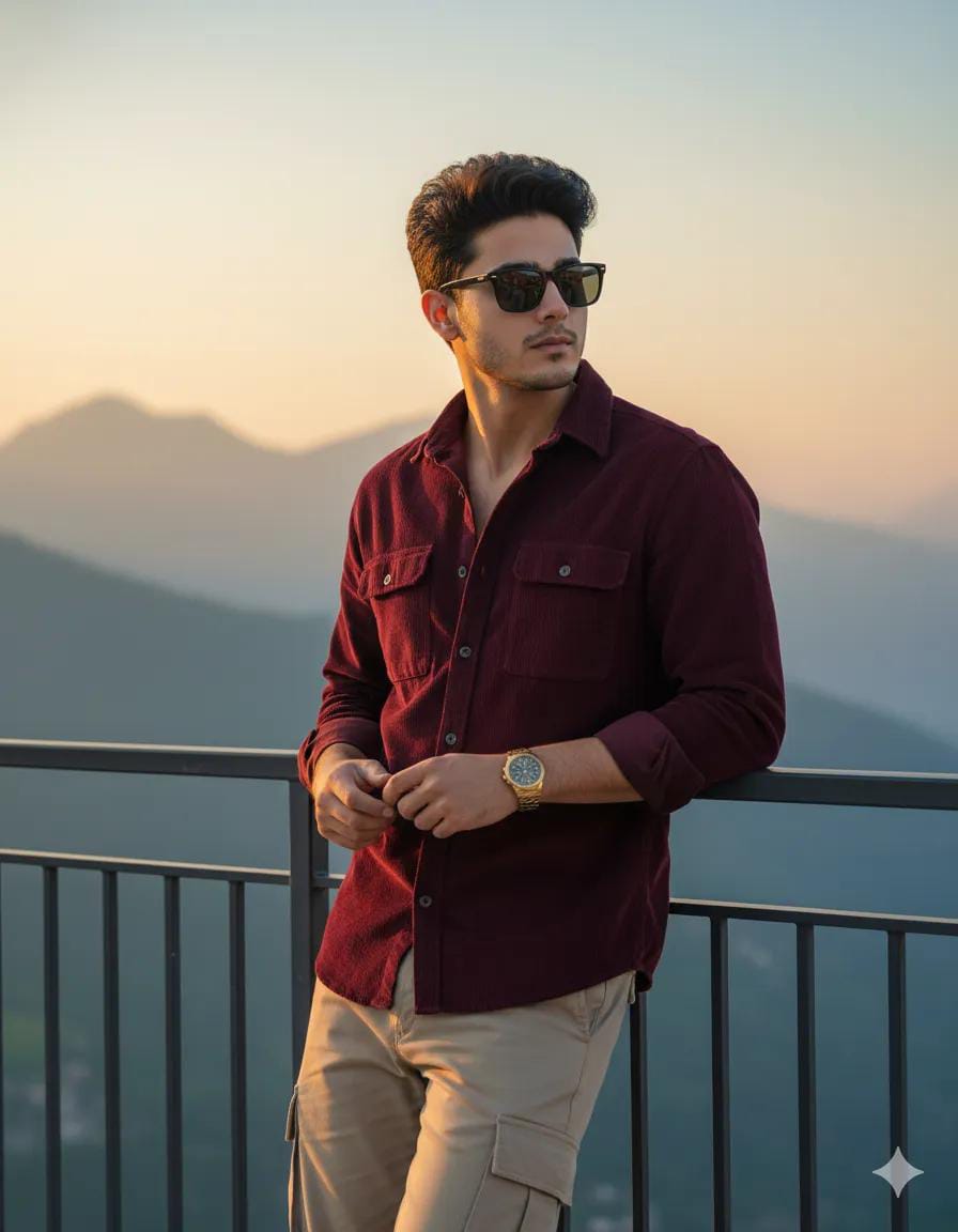 A stylish man in a maroon shirt and cargo pants stands on a scenic balcony at sunset with mountain views.