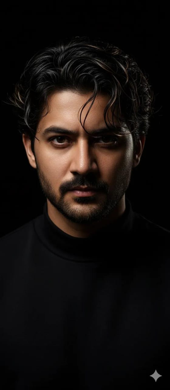 Photorealistic image of a confident young man with wavy hair, beard, and black turtleneck on a dark background.