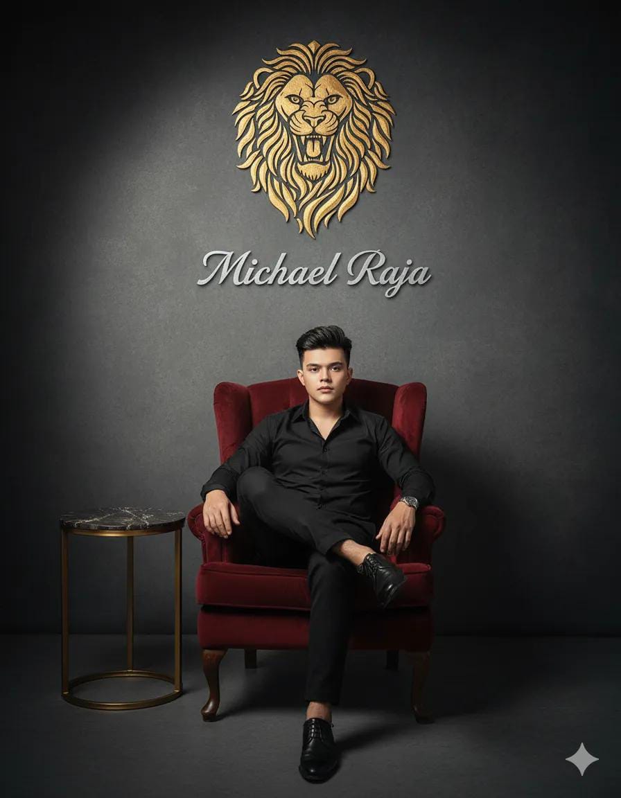A well-dressed man in a black suit poses confidently on a red chair with a gold lion logo and name accent wall.