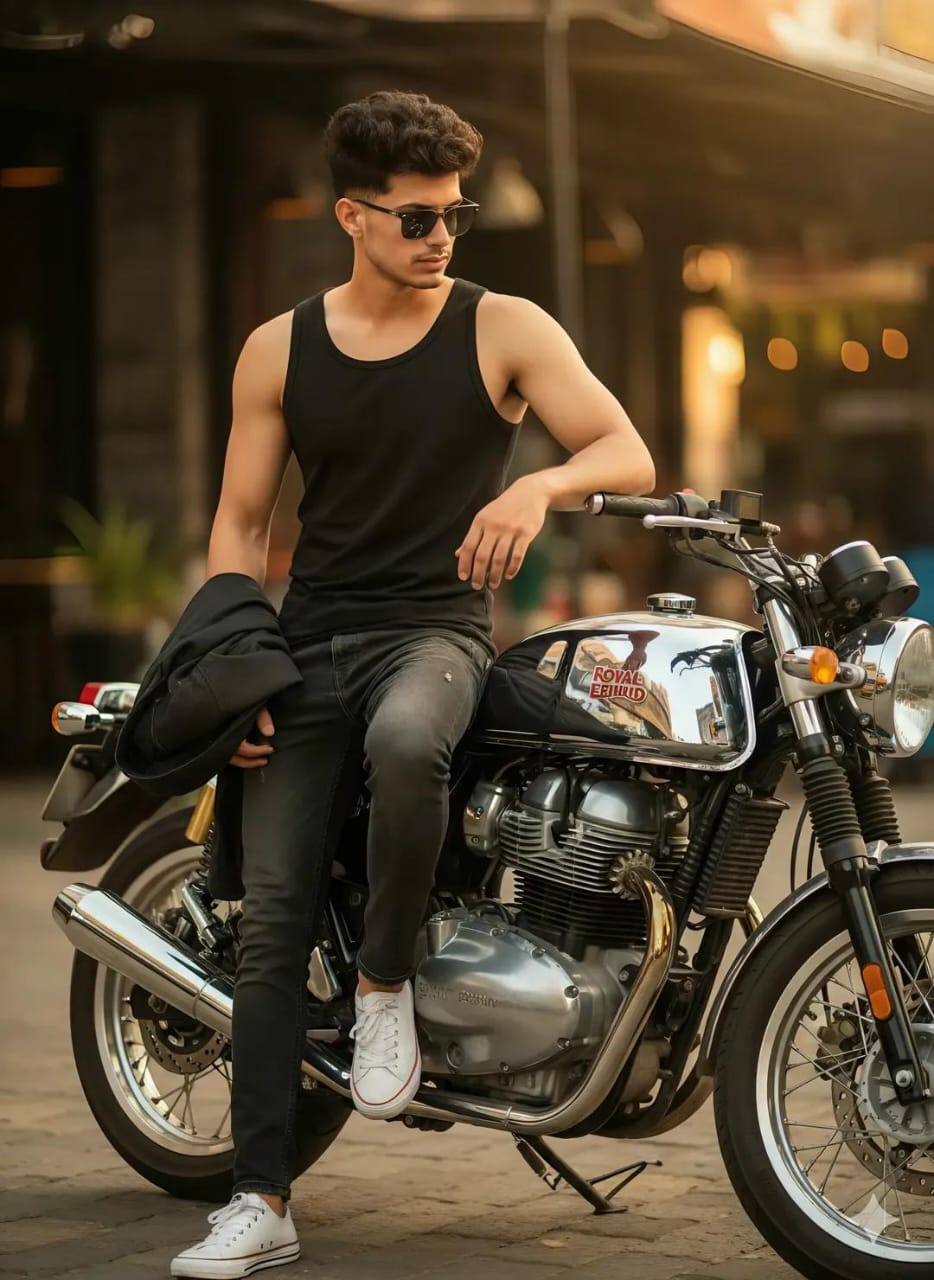 A confident man in a black tank top and jeans poses on a Royal Enfield motorcycle, showcasing modern street biker fashion.