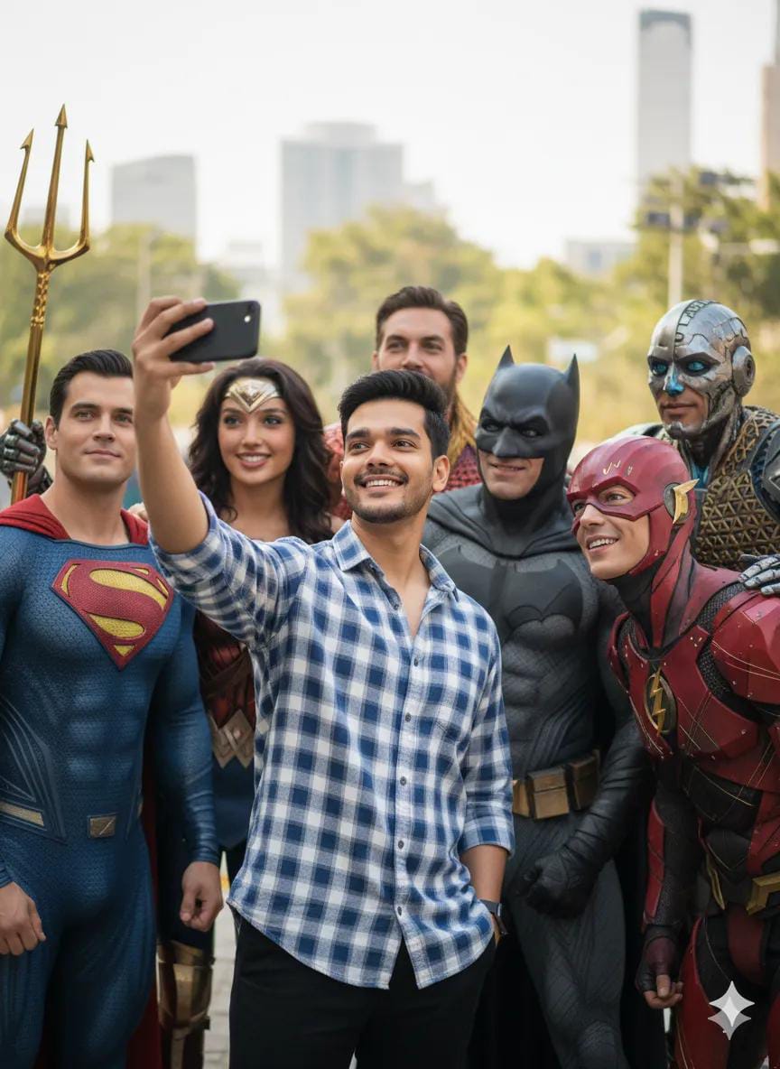 A young man in a checkered shirt takes a selfie surrounded by DC superheroes at an urban fan event in the city.