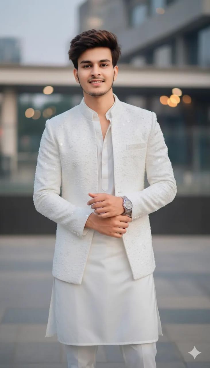Fashionable man wearing a white embroidered sherwani suit, perfect for weddings and festive occasions, photographed outdoors.