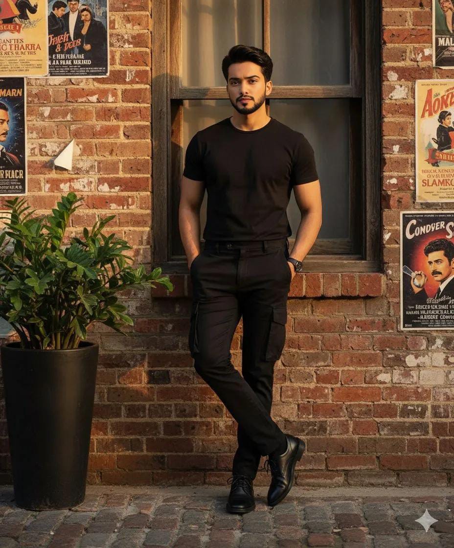 Outdoor portrait of a stylish young man wearing a brown jacket, sunglasses, and white pants leaning against a concrete ledge with green plants and a warm brown background.