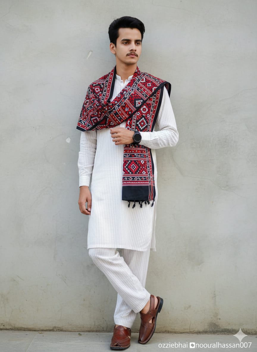 Pakistani man in a traditional white ethnic outfit with a vibrant Sindhi Ajrak shawl, stylish shoes, and watch.