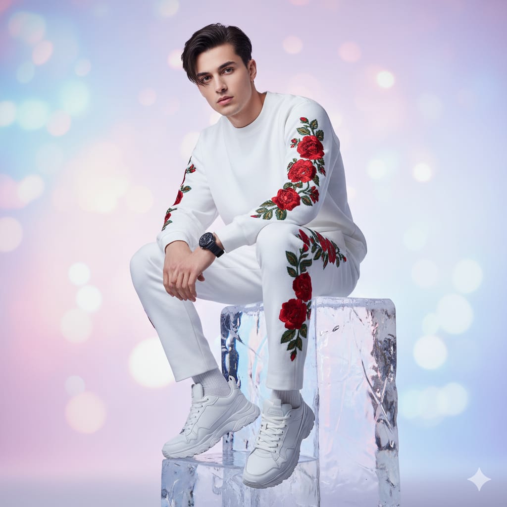 Man in a stylish white tracksuit with red floral embroidery sitting on an ice block, set against a pastel, blurred background.
