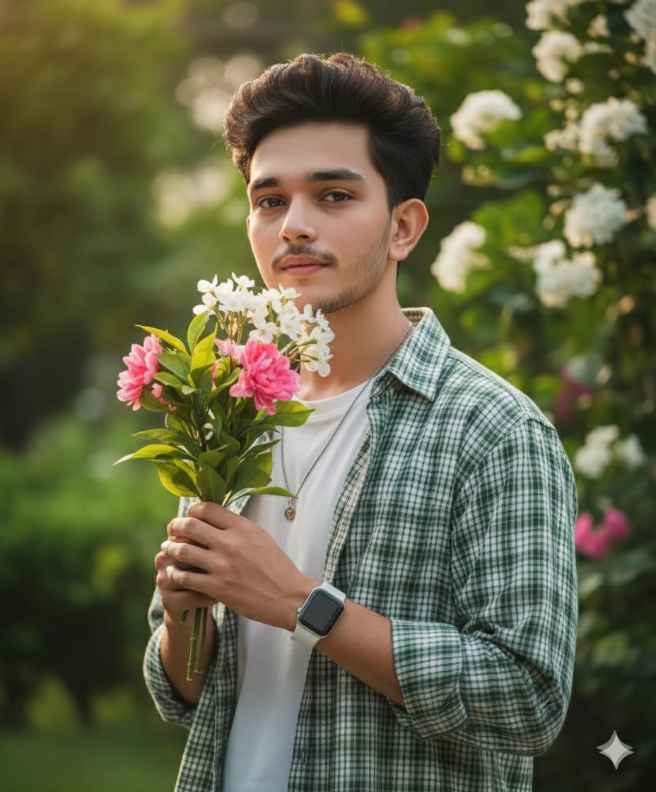Young man holding a colorful flower bouquet outdoors in a natural setting