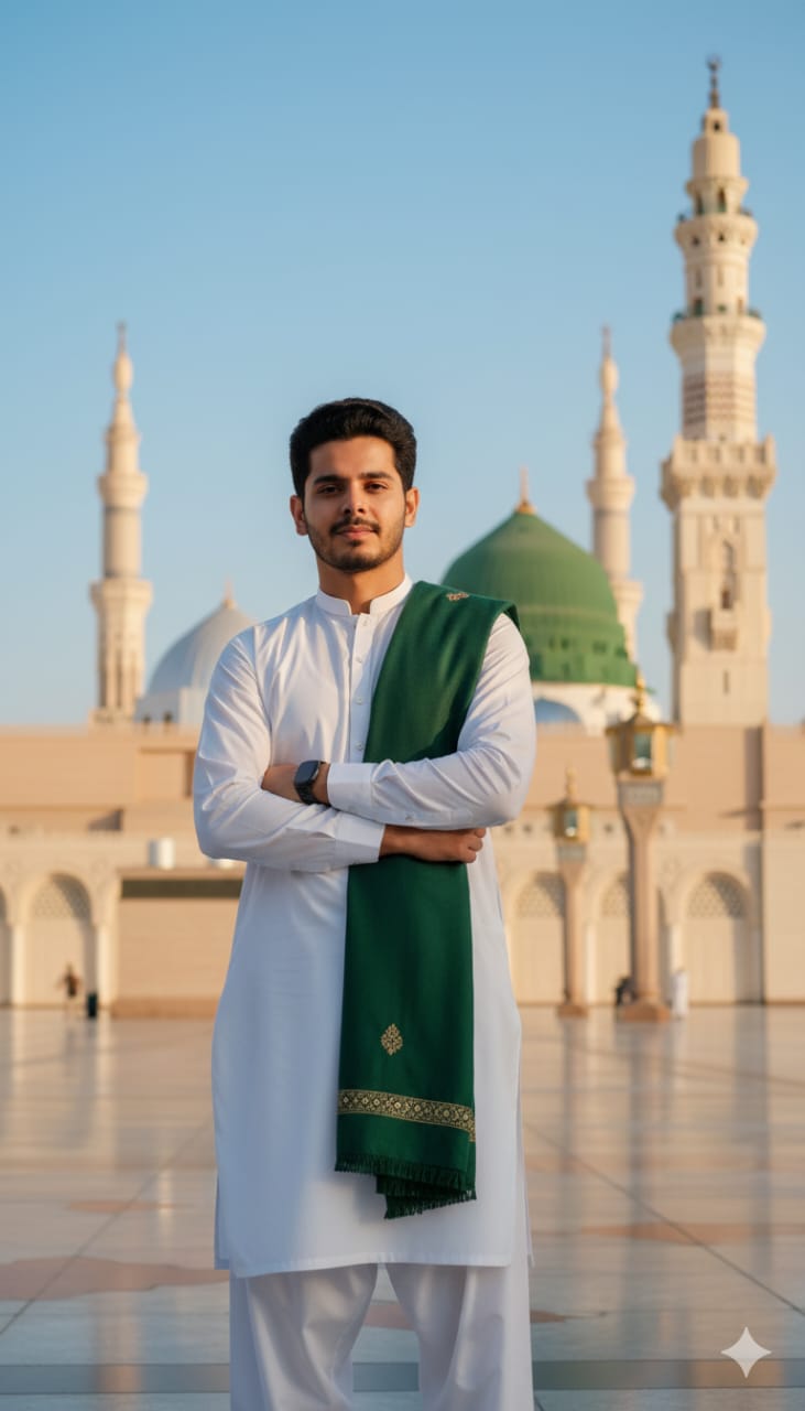 Young man in white traditional dress with green shawl standing at Masjid Nabawi, Madina, Saudi Arabia, at sunrise.